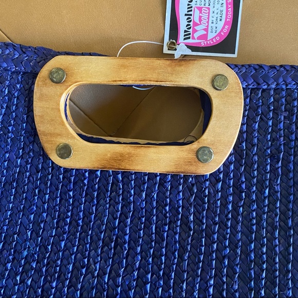 Vintage Woolworth Deadstock NWT Straw Bag Purse Navy Blue Clutch Wood Handle - Picture 4 of 7
